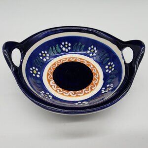 Mexico Talavera Pottery Bowl Handles Raised Hand Painted Pattern 5.5" Blue